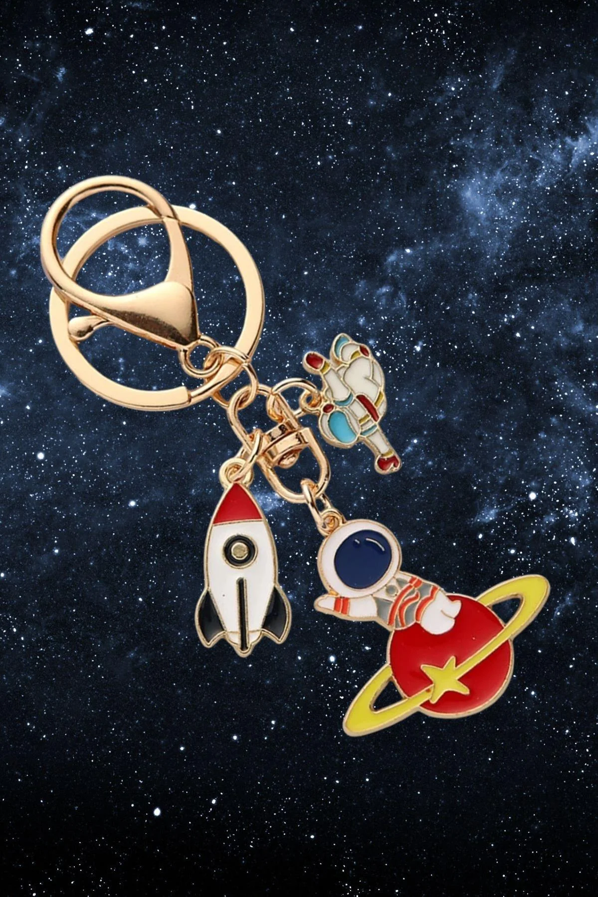 Astronot Anahtarlık Uzay Temalı Emaye Metal - Roket ve Gezegen Figürlü Çanta Süsü - Görsel 2