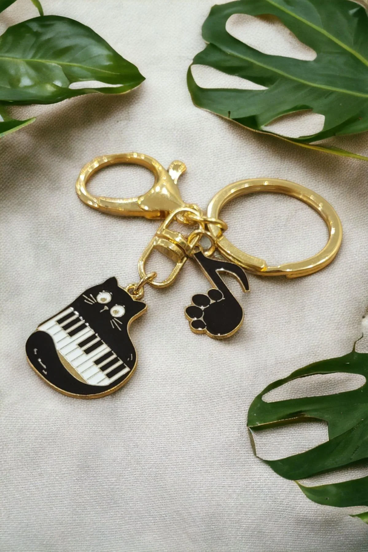 Kedi ve Piyano Figürlü Anahtarlık Emaye Metal Siyah - Müzik Notalı Çanta Süsü - Görsel 3