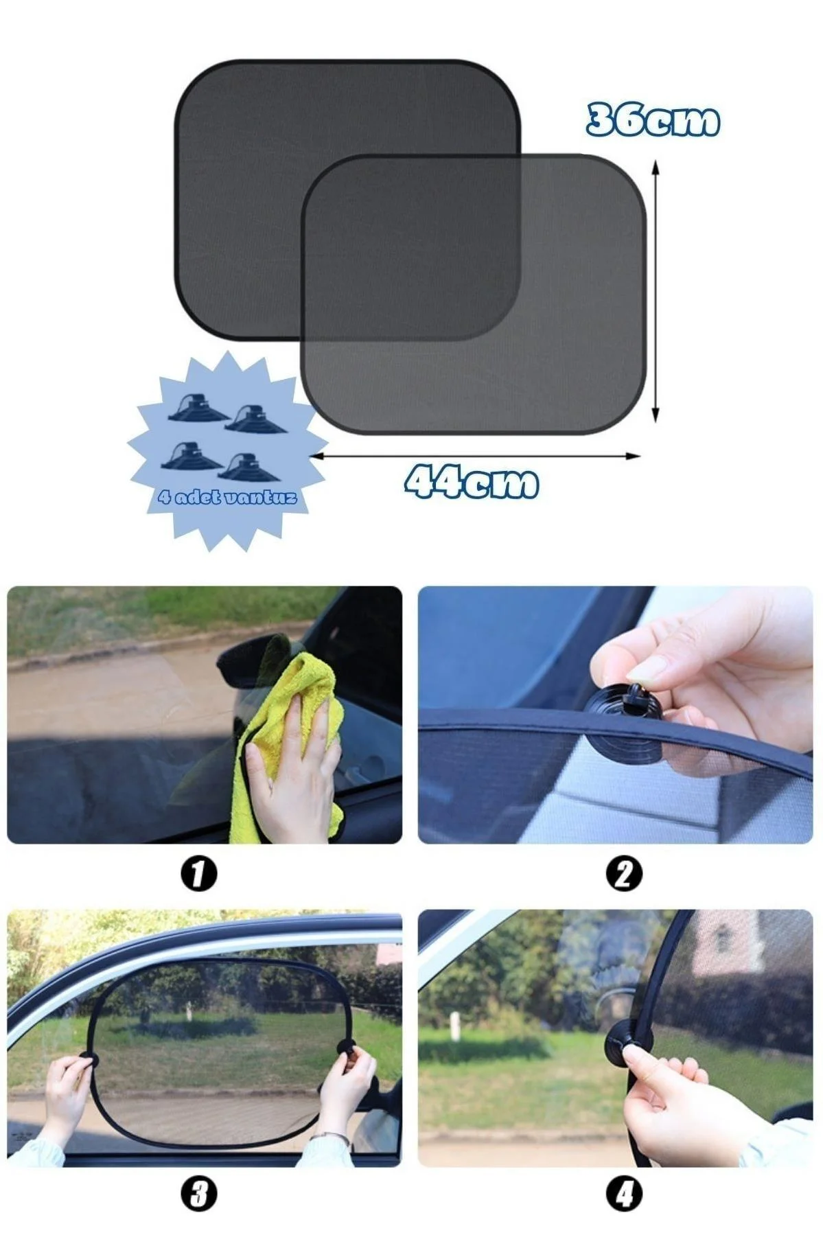 Oto Güneşlik Vantuzlu Yan Cam 44x36 cm 2 Adet - Tırnak Vantuzlu Araç Güneşliği - Görsel 5